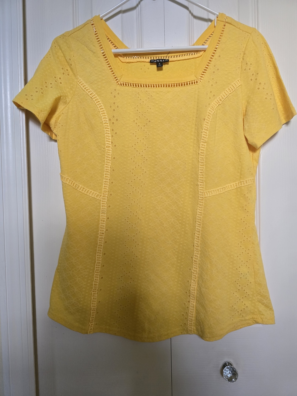Hannah Yellow Eyelet Square-Neck Short Sleeve Top